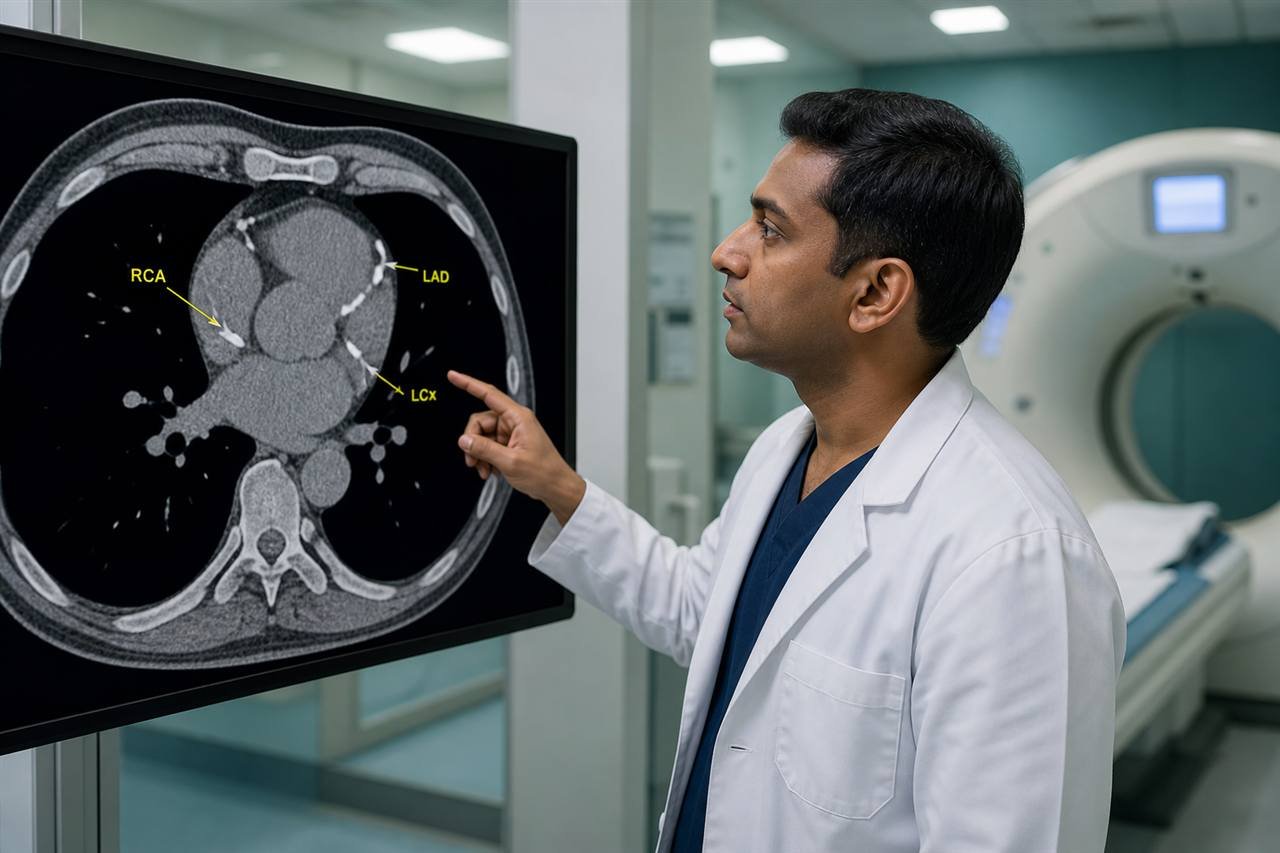 Cardiologist reviewing a CT coronary calcium score scan at Pulse Heart Super Speciality Hospital, Miyapur