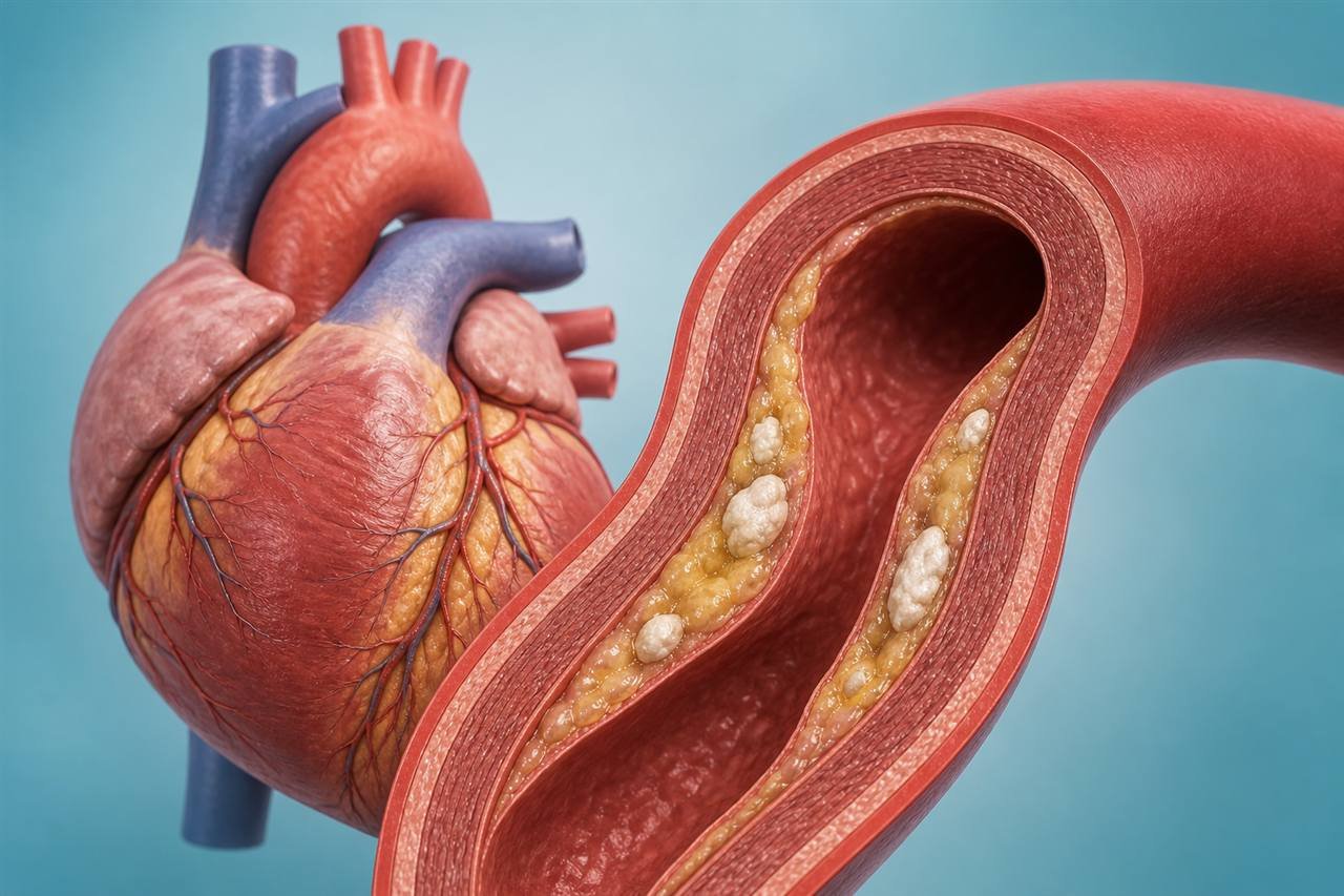 Illustration of a heart and coronary artery with atherosclerotic plaque and calcium deposits